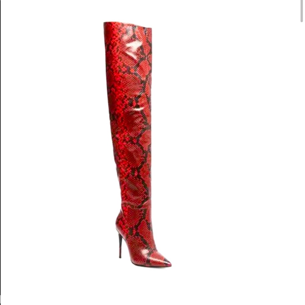 Winnie Harlow red snake skin thigh high boot